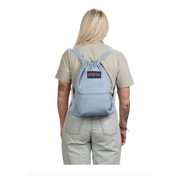 JanSport Drawstring Backpack With Front Zipper Pocket In Light Blue - Picture 3 of 6